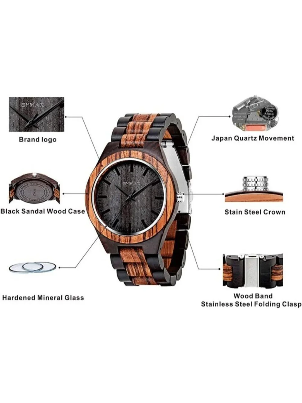 Mens Black Brown Analog Quartz Fashion Handmade Striped Round Wrist Wooden Watch